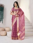 RICH LOOK LINEN COTTON SILK GOLD ZARI AND SELF DESIGN WORK SAREE WITH UNSTITCHED BLOUSE WINE