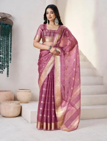 RICH LOOK LINEN COTTON SILK GOLD ZARI AND SELF DESIGN WORK SAREE WITH UNSTITCHED BLOUSE WINE