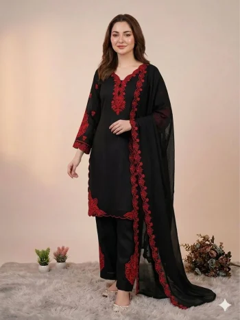RICH LOOK MUL CHANDERI EMBROIDERY WORK TOP PALAZZO WITH DUPATTA BLACK
