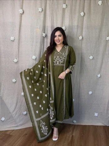 RICH LOOK MUL COTTON EMBROIDERY WORK TOP BOTTOM WITH DUPATTA MEHNDI