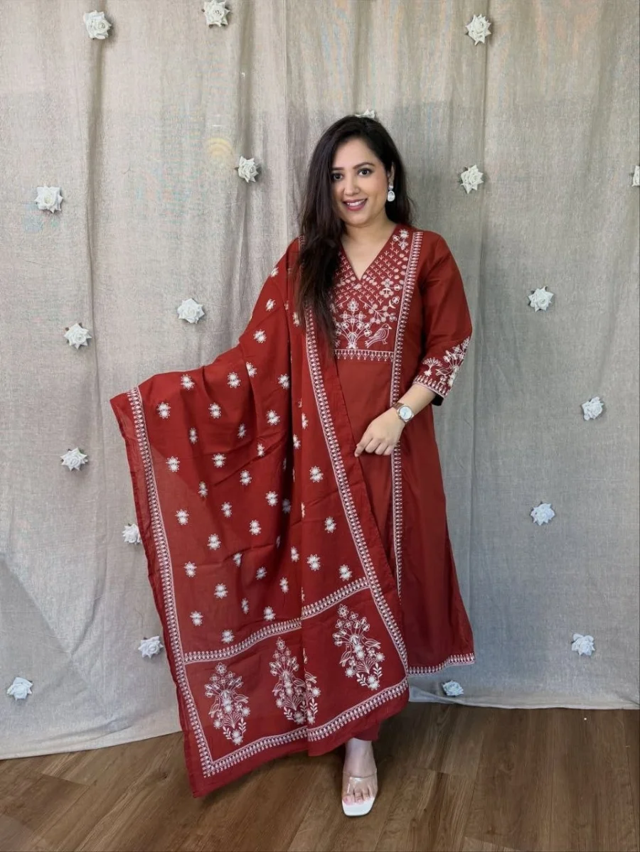 RICH LOOK MUL COTTON EMBROIDERY WORK TOP BOTTOM WITH DUPATTA FESTIVE WEAR WHOLESALE PRICE ETHNIC GARMENT (3)