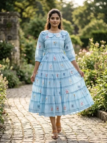 RICH LOOK MUSLIN SILK GINGHAM PRINT WORK ONE PIECE DRESS SKY