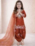 RICH LOOK NATURAL CREPE EMBROIDERY SEQUENCE WORK KID'S TOP PATIYALA WITH DUPATTA ORANGE
