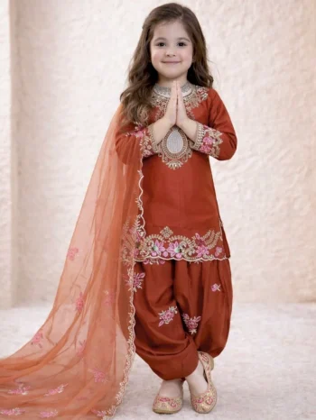 RICH LOOK NATURAL CREPE EMBROIDERY SEQUENCE WORK KID'S TOP PATIYALA WITH DUPATTA ORANGE