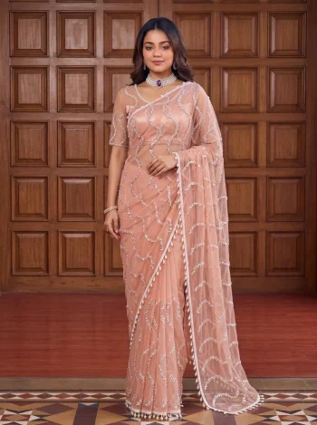 RICH LOOK NET BEADS ,SEQUENCE, PEARLS EMBROIDERY WORK SAREE WITH UNSTITCHED BLOUSE PEACH
