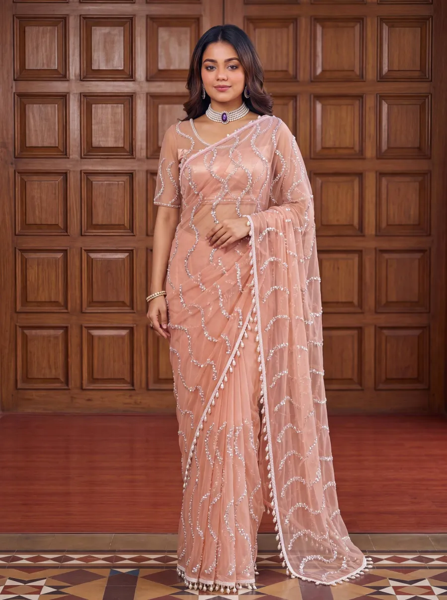 RICH LOOK NET BEADS ,SEQUENCE, PEARLS EMBROIDERY WORK SAREE WITH UNSTITCHED BLOUSE PARTY WEAR WHOLESALE PRICE ETHNIC GARMENT (14)