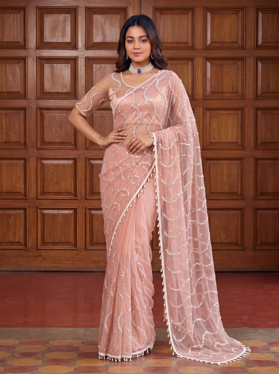 RICH LOOK NET BEADS ,SEQUENCE, PEARLS EMBROIDERY WORK SAREE WITH UNSTITCHED BLOUSE PARTY WEAR WHOLESALE PRICE ETHNIC GARMENT (15)