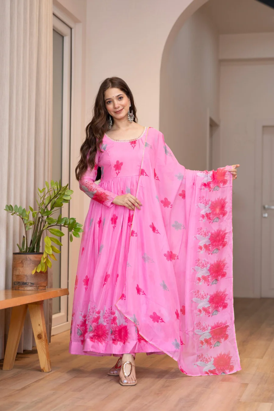RICH LOOK ORGANZA FLORAL PRINT WORK ANARKALI GOWN BOTTOM WITH DUPATTA FESTIVE WEAR WHOLESALE PRICE ETHNIC GARMENT (7)