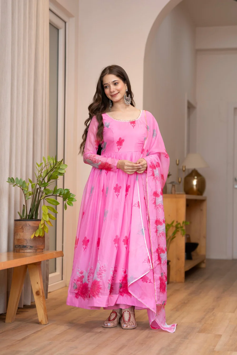 RICH LOOK ORGANZA FLORAL PRINT WORK ANARKALI GOWN BOTTOM WITH DUPATTA FESTIVE WEAR WHOLESALE PRICE ETHNIC GARMENT (8)