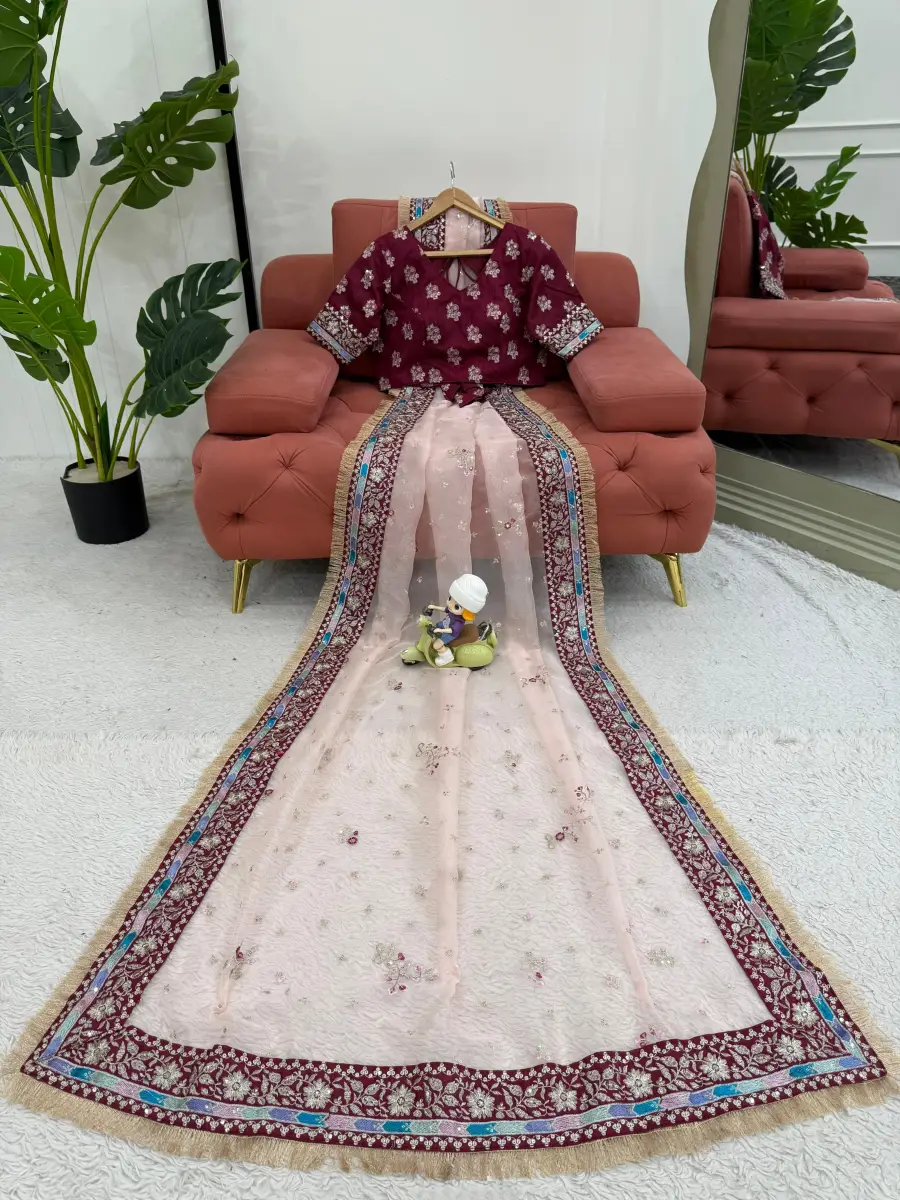 RICH LOOK ORGANZA SILK THREAD WITH SEQUENCE WORK SAREE WITH UNSTITCHED BLOUSE FESTIVE WEAR WHOLESALE PRICE ETHNIC GARMENT (10)