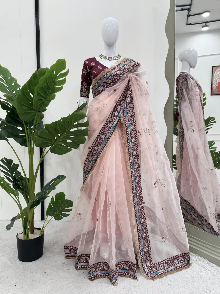 RICH LOOK ORGANZA SILK THREAD WITH SEQUENCE WORK SAREE WITH UNSTITCHED BLOUSE FESTIVE WEAR WHOLESALE PRICE ETHNIC GARMENT (3)