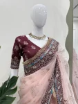 RICH LOOK ORGANZA SILK THREAD WITH SEQUENCE WORK SAREE WITH UNSTITCHED BLOUSE FESTIVE WEAR WHOLESALE PRICE ETHNIC GARMENT (3)