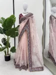 RICH LOOK ORGANZA SILK THREAD WITH SEQUENCE WORK SAREE WITH UNSTITCHED BLOUSE FESTIVE WEAR WHOLESALE PRICE ETHNIC GARMENT (3)