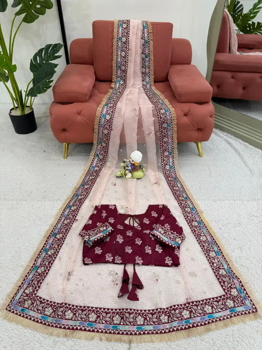 RICH LOOK ORGANZA SILK THREAD WITH SEQUENCE WORK SAREE WITH UNSTITCHED BLOUSE FESTIVE WEAR WHOLESALE PRICE ETHNIC GARMENT (7)