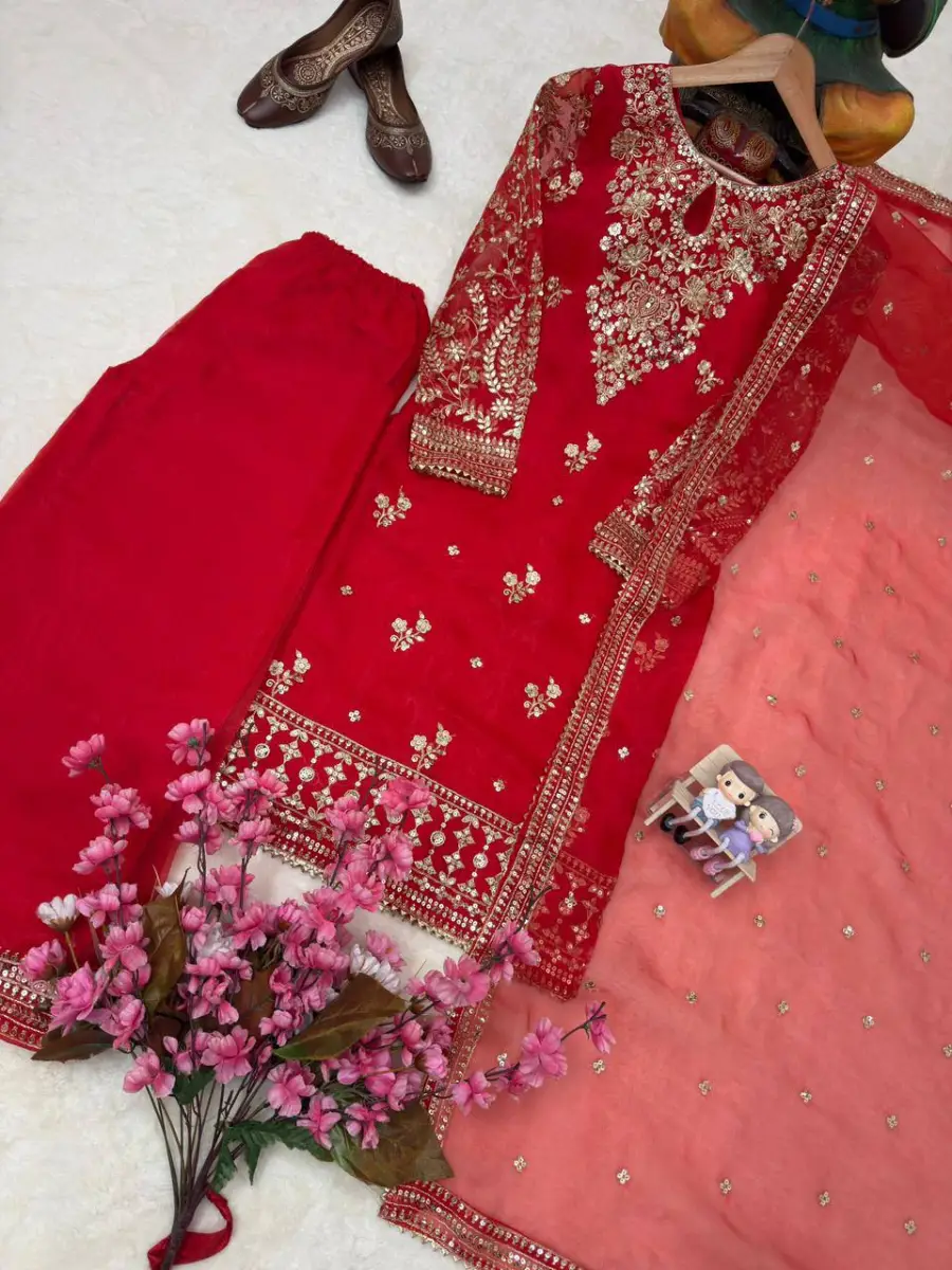 RICH LOOK ORGANZA SILK ZARI AND SEQUENCE EMBROIDERY WORK TOP PALAZZO WITH DUPATTA FESTIVE WEAR WHOLESALE PRICE ETHNIC GARMENT (12)
