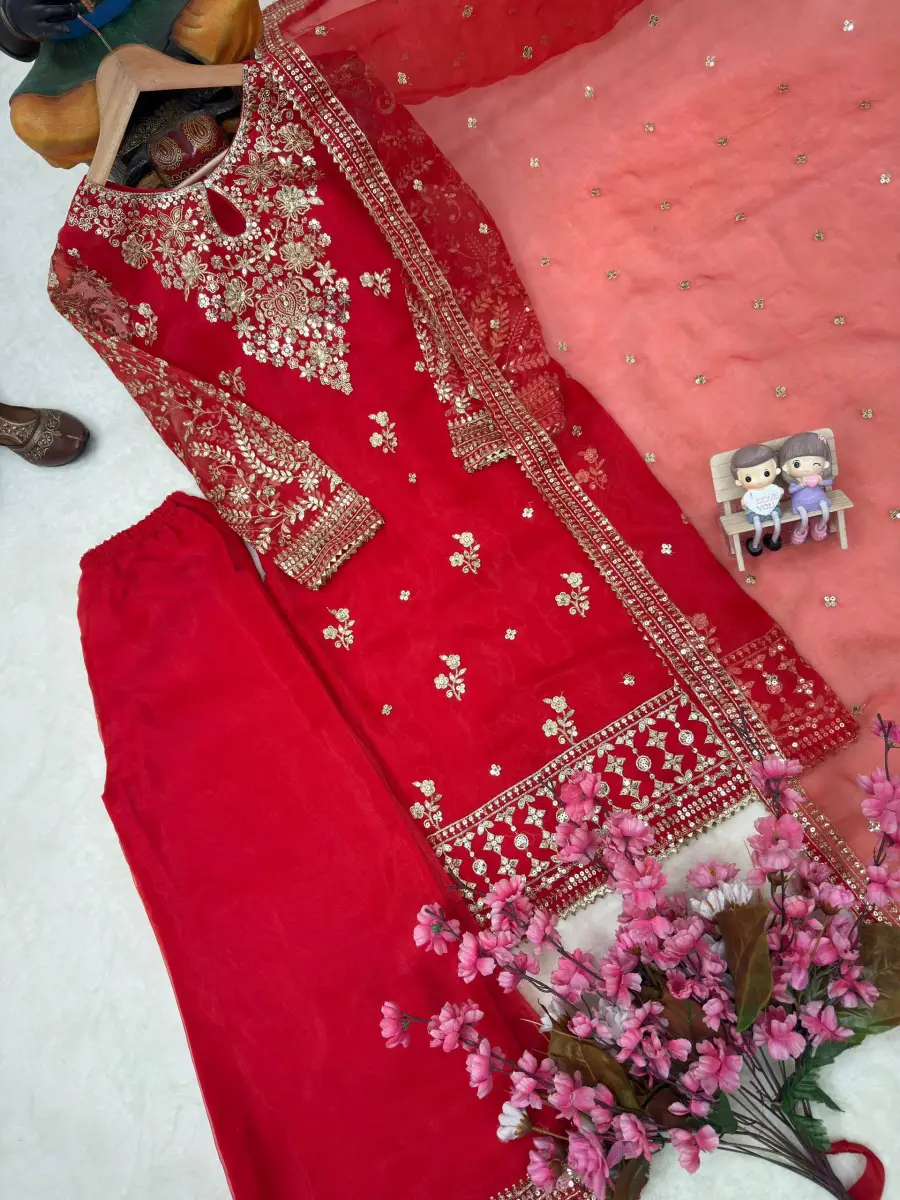 RICH LOOK ORGANZA SILK ZARI AND SEQUENCE EMBROIDERY WORK TOP PALAZZO WITH DUPATTA FESTIVE WEAR WHOLESALE PRICE ETHNIC GARMENT (13)