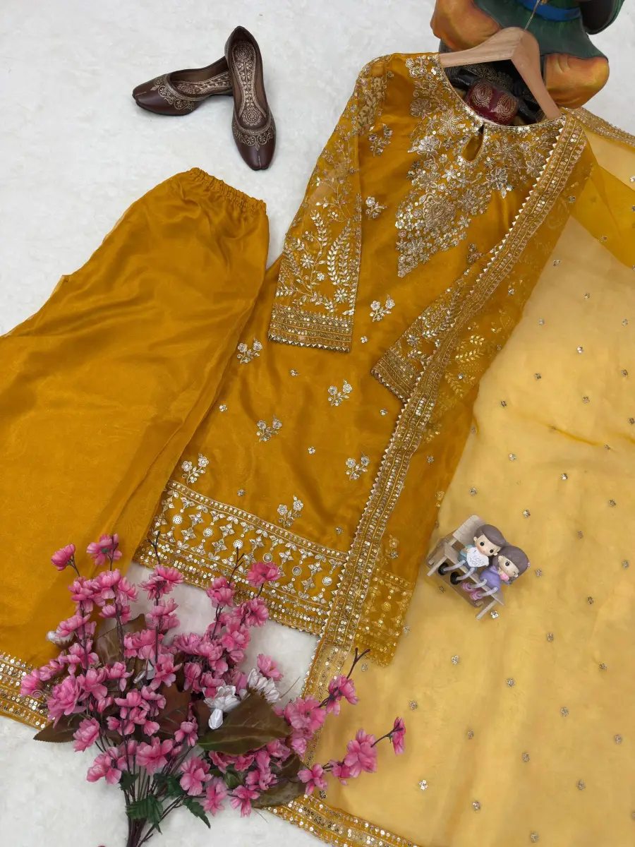 RICH LOOK ORGANZA SILK ZARI AND SEQUENCE EMBROIDERY WORK TOP PALAZZO WITH DUPATTA FESTIVE WEAR WHOLESALE PRICE ETHNIC GARMENT (2)
