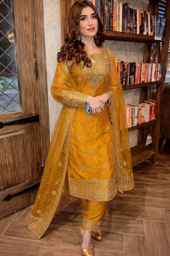 RICH LOOK ORGANZA SILK ZARI AND SEQUENCE EMBROIDERY WORK TOP PALAZZO WITH DUPATTA YELLOW
