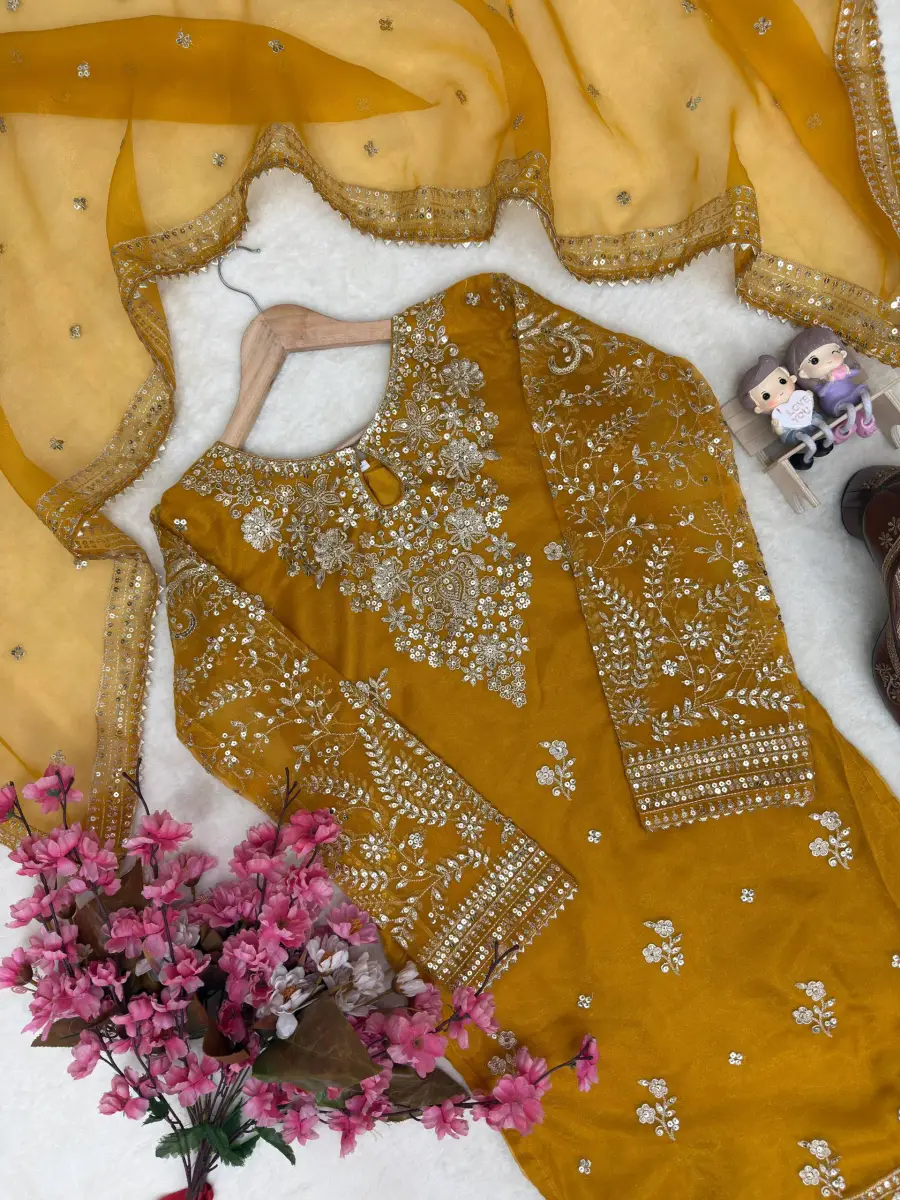 RICH LOOK ORGANZA SILK ZARI AND SEQUENCE EMBROIDERY WORK TOP PALAZZO WITH DUPATTA FESTIVE WEAR WHOLESALE PRICE ETHNIC GARMENT (5)