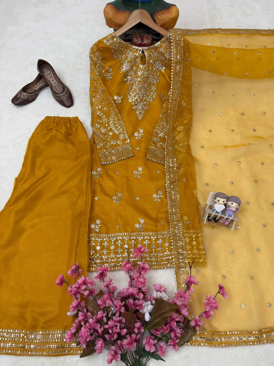 RICH LOOK ORGANZA SILK ZARI AND SEQUENCE EMBROIDERY WORK TOP PALAZZO WITH DUPATTA FESTIVE WEAR WHOLESALE PRICE ETHNIC GARMENT (8)