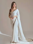 RICH LOOK RANGOLI SILK REAL MIRROR AND EMBROIDERY BORDER WORK SAREE WITH UNSTITCHED BLOUSE WHITE