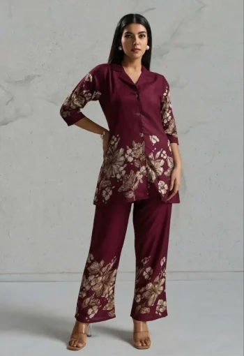 RICH LOOK RAYON DIGITAL PRINTED WORK CO-ORD SET WINE