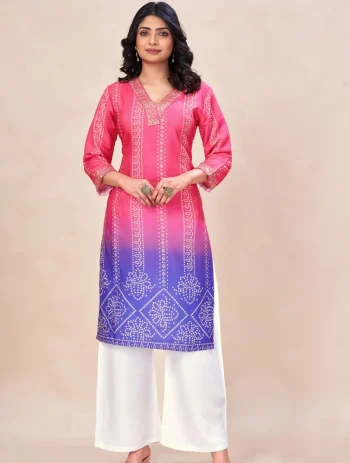 RICH LOOK RAYON SHADED BANDHANI PRINT WORK TOP PENT SET PURPLE AND RANI