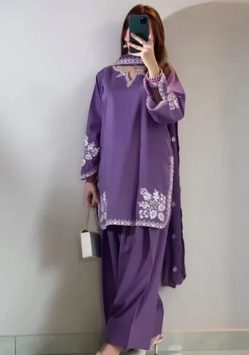 RICH LOOK ROMAN COTTON EMBROIDERY  WORK TOP PATIYALA WITH DUPATTA PURPLE