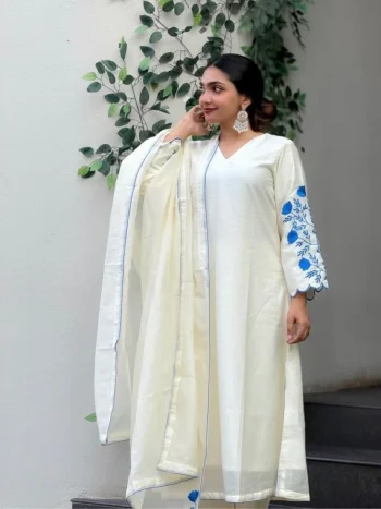 RICH LOOK ROMAN SILK EMBROIDERY WORK TOP BOTTOM WITH DUPATTA WHITE AND BLUE