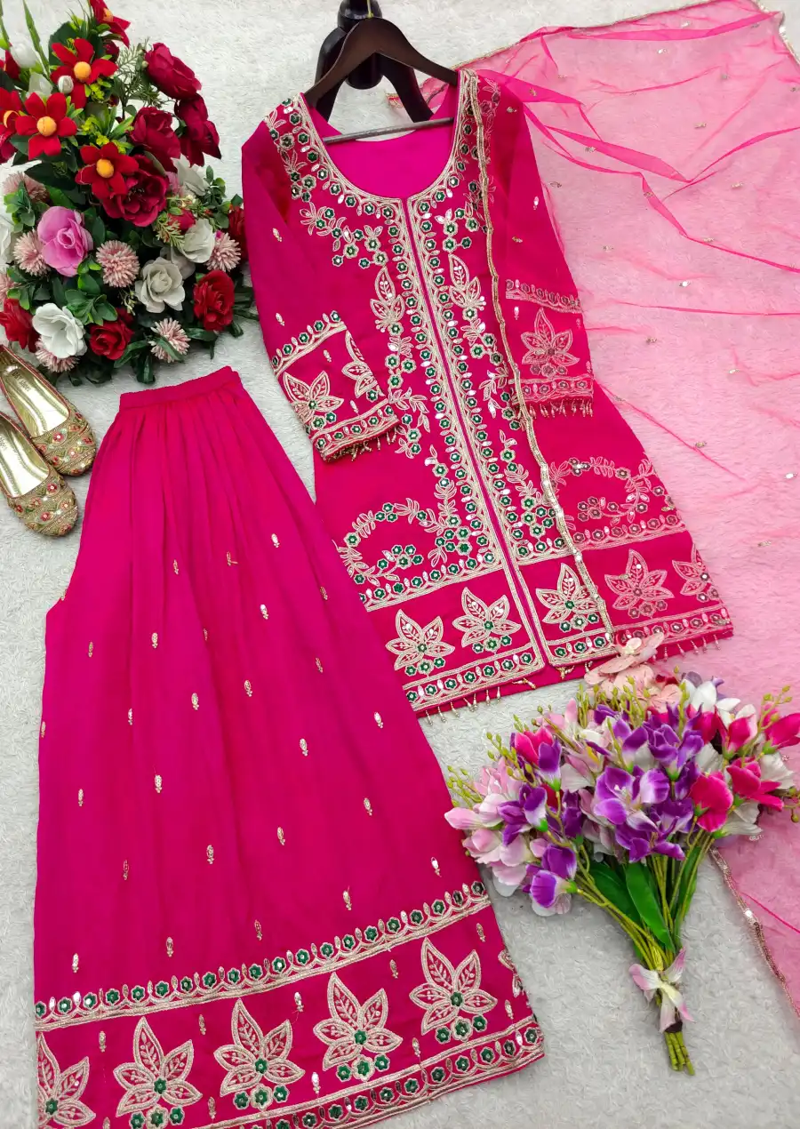 RICH LOOK SATIN SILK EMBROIDERY CODING DORI & SEQUENCE WORK TOP PALAZZO WITH DUPATTA WEDDING WEAR WHOLESALE PRICE ETHNIC GARMENT (1)