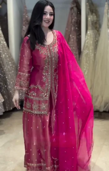 RICH LOOK SATIN SILK EMBROIDERY CODING DORI & SEQUENCE WORK TOP PALAZZO WITH DUPATTA PINK