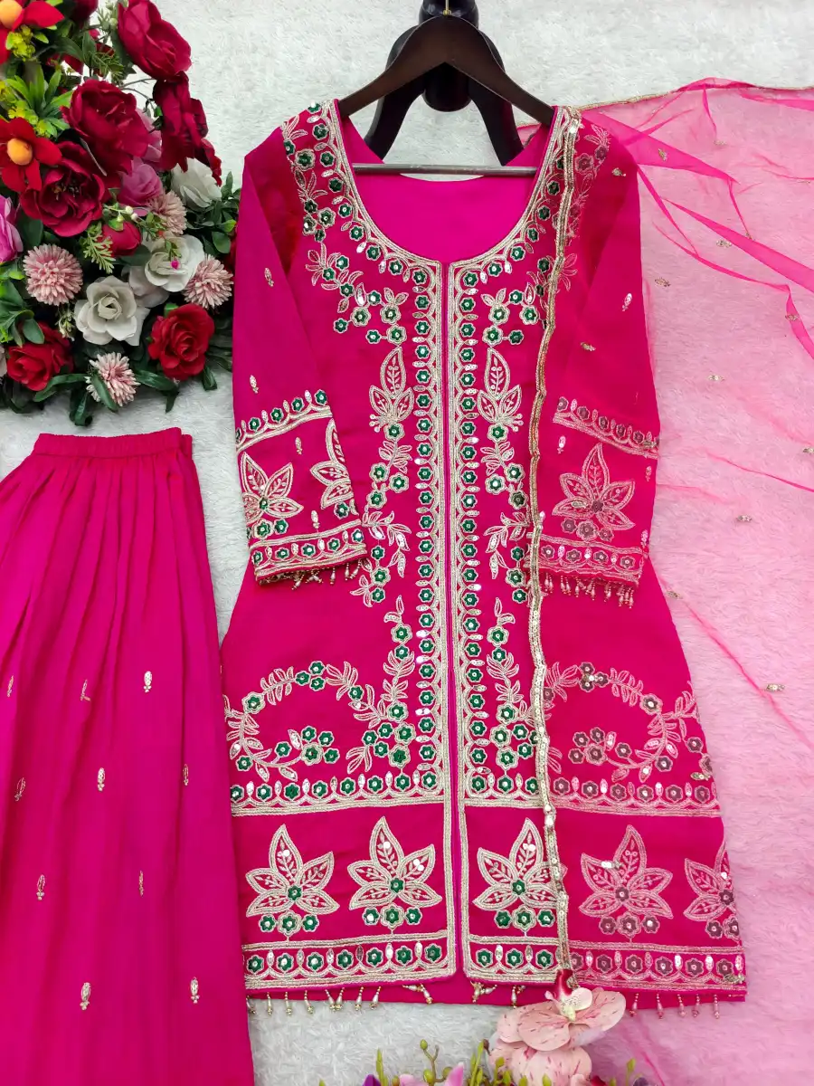 RICH LOOK SATIN SILK EMBROIDERY CODING DORI & SEQUENCE WORK TOP PALAZZO WITH DUPATTA WEDDING WEAR WHOLESALE PRICE ETHNIC GARMENT (6)