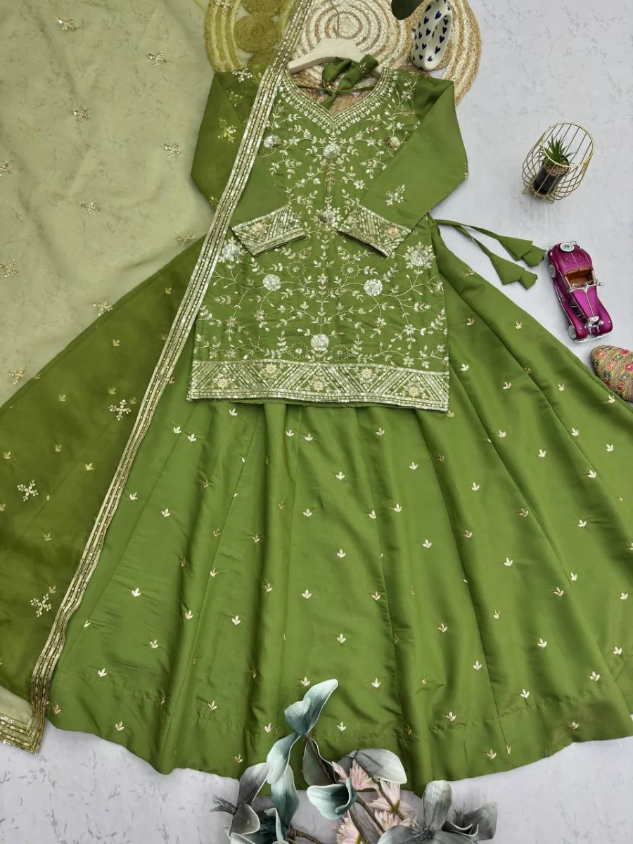 RICH LOOK SHIMMER SILK EMBROIDERY SEQUENCE WORK TOP LEHENGA WITH DUPATTA WEDDING WEAR WHOLESALE PRICE ETHNIC GARMENT (10)