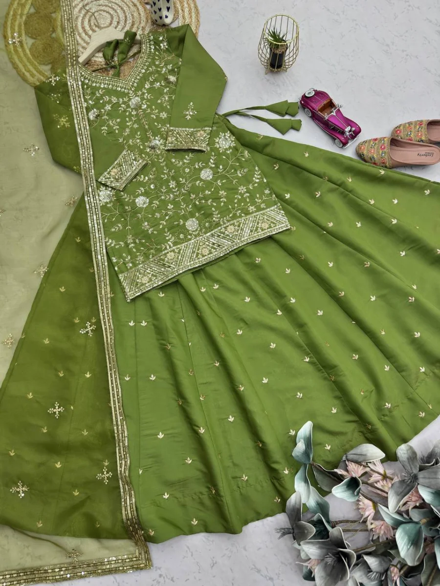 RICH LOOK SHIMMER SILK EMBROIDERY SEQUENCE WORK TOP LEHENGA WITH DUPATTA WEDDING WEAR WHOLESALE PRICE ETHNIC GARMENT (12)