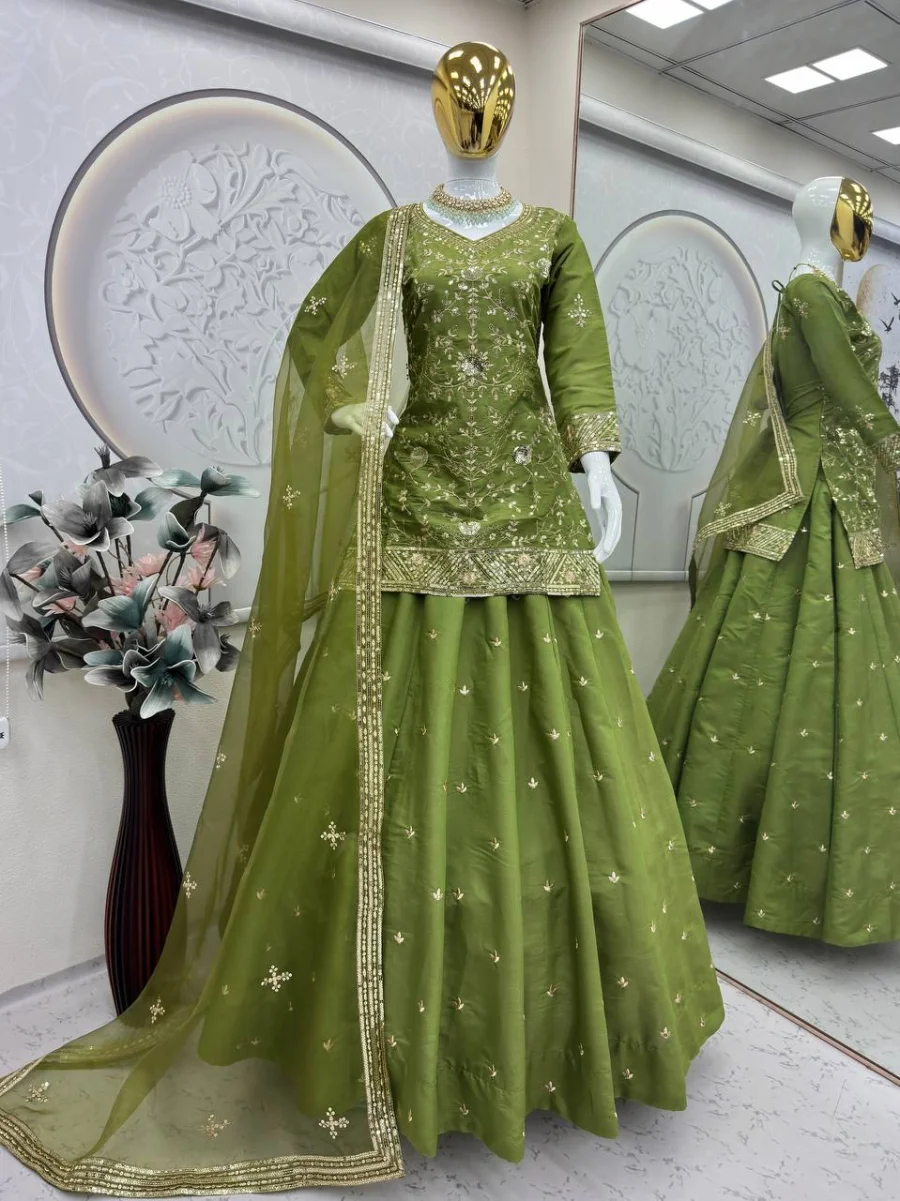 RICH LOOK SHIMMER SILK EMBROIDERY SEQUENCE WORK TOP LEHENGA WITH DUPATTA WEDDING WEAR WHOLESALE PRICE ETHNIC GARMENT (7)