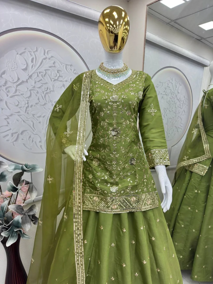 RICH LOOK SHIMMER SILK EMBROIDERY SEQUENCE WORK TOP LEHENGA WITH DUPATTA WEDDING WEAR WHOLESALE PRICE ETHNIC GARMENT (8)