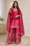 RICH LOOK SHIMMER SILK SEQUENCE EMBROIDERY WORK TOP PALAZZO WITH DUPATTA PINK