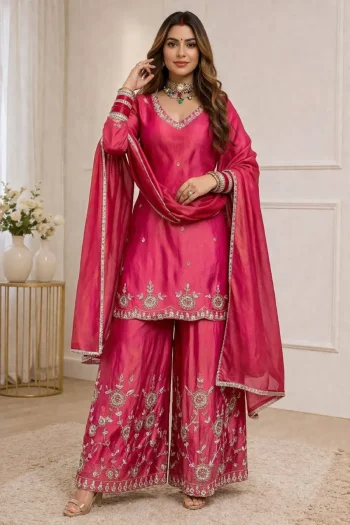 RICH LOOK SHIMMER SILK SEQUENCE EMBROIDERY WORK TOP PALAZZO WITH DUPATTA PINK