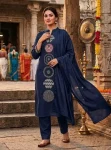 RICH LOOK SLUB COTTON EMBROIDERY WORK TOP BOTTOM WITH DUPATTA NAVY BLUE