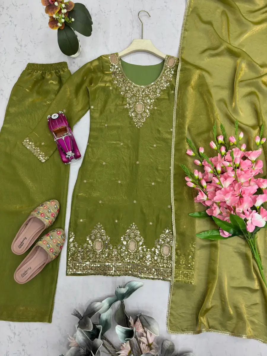RICH LOOK TWO TONE FENDY SILK EMBROIDERY SEQUENCE WORK TOP PALAZZO WITH DUPATTA FESTIVE WEAR WHOLESALE PRICE ETHNIC GARMENT (9)