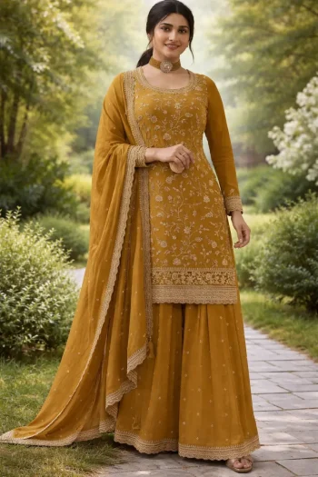 RICH LOOK VICHITRA MULTI SEQUENCE WORK TOP PALAZZO WITH DUPATTA YELLOW