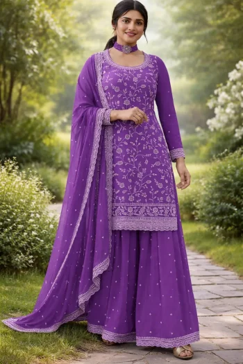 RICH LOOK VICHITRA MULTI SEQUENCE WORK TOP PALAZZO WITH DUPATTA PURPLE
