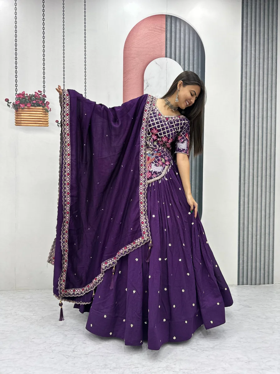 RICH LOOK VICHITRA SILK EMBROIDERY THREAD & SEQUENCE WORK LEHENGA CHOLI WITH DUPATTA WEDDING WEAR WHOLESALE PRICE ETHNIC GARMENT (20)