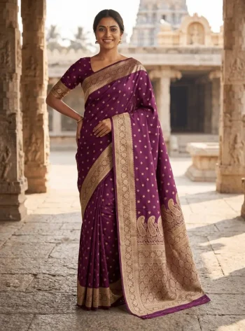 TRENDING BANARASI JARI SILK GOLDEN ZARI BUTTI WEAVES WORK SAREE WITH UNSTITCHED BLOUSE WINE