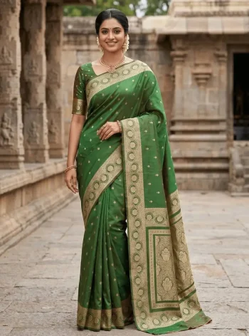TRENDING BANARASI JARI SILK GOLDEN ZARI BUTTI WEAVES WORK SAREE WITH UNSTITCHED BLOUSE GREEN