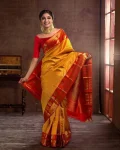 TRENDING BANARASI LICHI SILK JACQUARD WORK SAREE WITH UNSTITCHED BLOUSE YELLOW AND RED