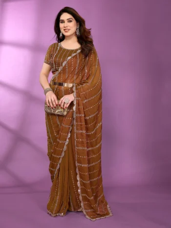 TRENDING CHIFFON SATIN MULTI SEQUENCE AND BEADS EMBROIDERY WORK SAREE WITH UNSTITCHED BLOUSE CHIKU