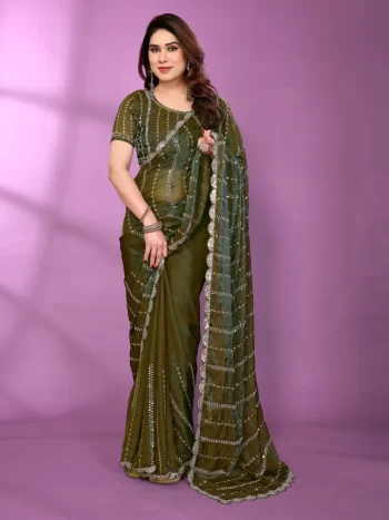 TRENDING CHIFFON SATIN MULTI SEQUENCE AND BEADS EMBROIDERY WORK SAREE WITH UNSTITCHED BLOUSE MEHNDI
