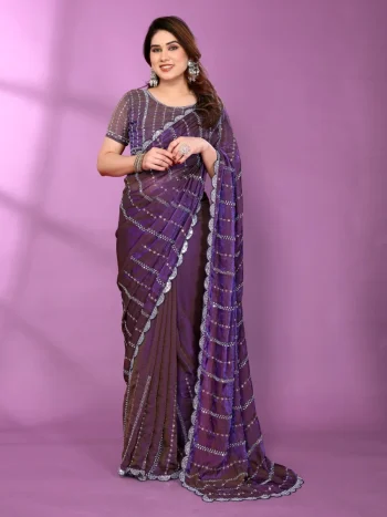 TRENDING CHIFFON SATIN MULTI SEQUENCE AND BEADS EMBROIDERY WORK SAREE WITH UNSTITCHED BLOUSE PURPLE