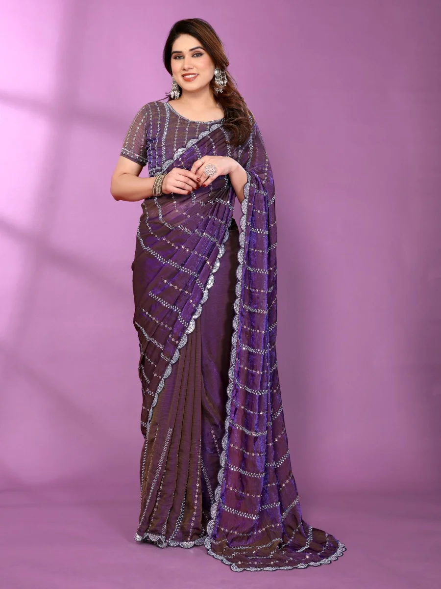 TRENDING CHIFFON SATIN MULTI SEQUENCE AND BEADS EMBROIDERY WORK SAREE WITH UNSTITCHED BLOUSE PARTY WEAR WHOLESALE PRICE ETHNIC GARMENT (3)